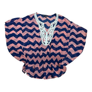 American Dream Shirt Womens Medium Pink Navy Boho Crochet Top Chevron Pattern